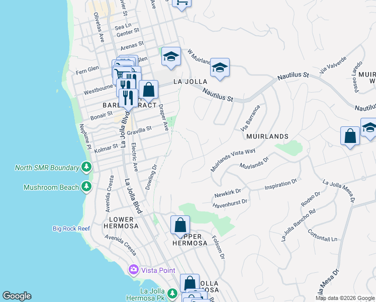 map of restaurants, bars, coffee shops, grocery stores, and more near 6530 Manana Place in San Diego