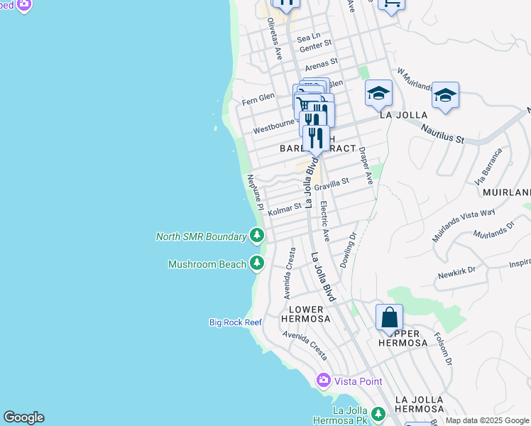 map of restaurants, bars, coffee shops, grocery stores, and more near 6653 Neptune Place in San Diego