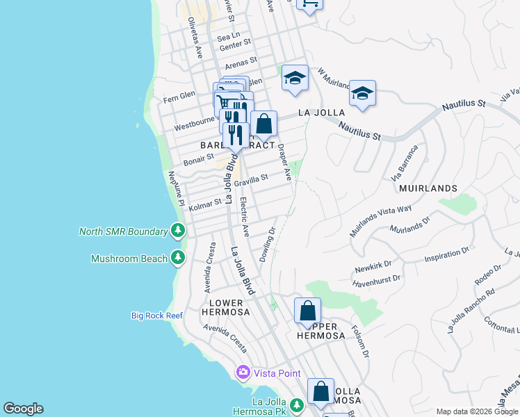 map of restaurants, bars, coffee shops, grocery stores, and more near 503 Rosemont Street in San Diego