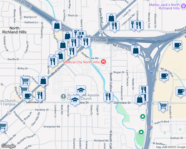 map of restaurants, bars, coffee shops, grocery stores, and more near 4300 City Point Drive in North Richland Hills