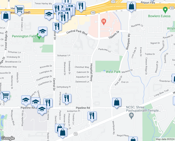 map of restaurants, bars, coffee shops, grocery stores, and more near 2425 Oakmont Drive in Bedford