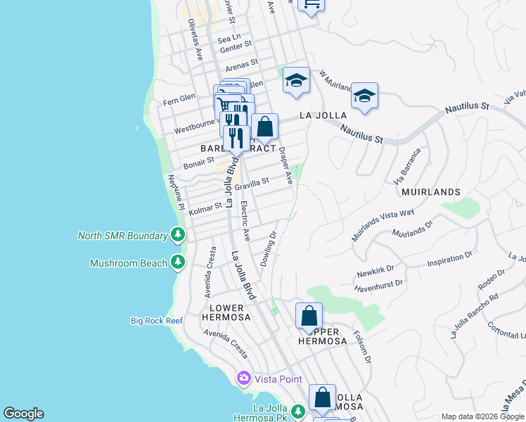 map of restaurants, bars, coffee shops, grocery stores, and more near 526 Palomar Avenue in San Diego