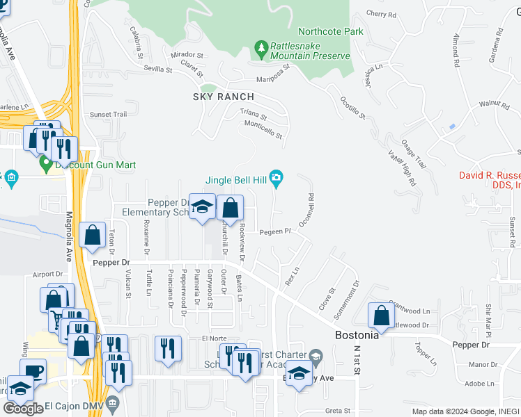map of restaurants, bars, coffee shops, grocery stores, and more near 8339 Sheila Street in El Cajon