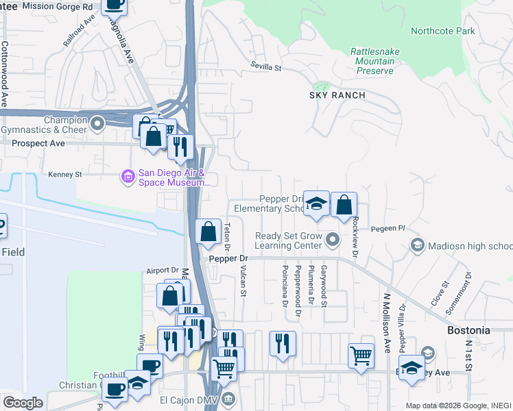 map of restaurants, bars, coffee shops, grocery stores, and more near 1368 Roxanne Drive in El Cajon