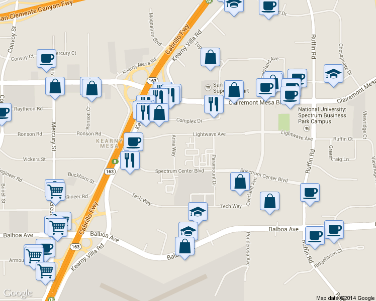 map of restaurants, bars, coffee shops, grocery stores, and more near 8798 Spectrum Center Boulevard in San Diego