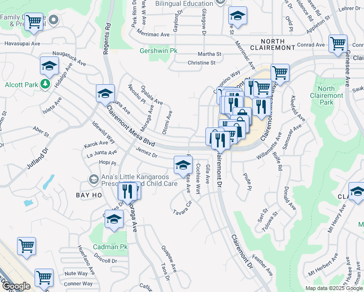 map of restaurants, bars, coffee shops, grocery stores, and more near 3541 Clairemont Mesa Boulevard in San Diego