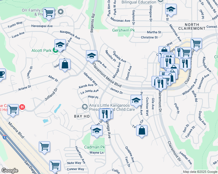 map of restaurants, bars, coffee shops, grocery stores, and more near 3429 Jemez Drive in San Diego