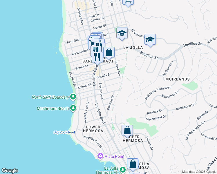 map of restaurants, bars, coffee shops, grocery stores, and more near 526 Palomar Avenue in San Diego