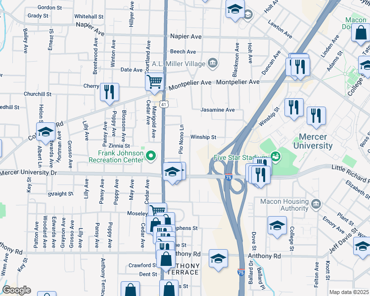 map of restaurants, bars, coffee shops, grocery stores, and more near 1693 Madden Avenue in Macon