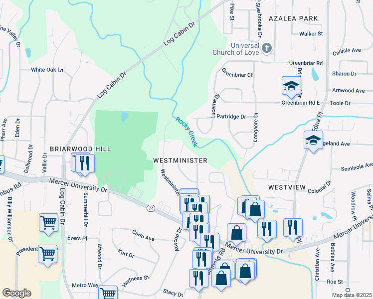 map of restaurants, bars, coffee shops, grocery stores, and more near 1464 Newcastle Drive in Macon