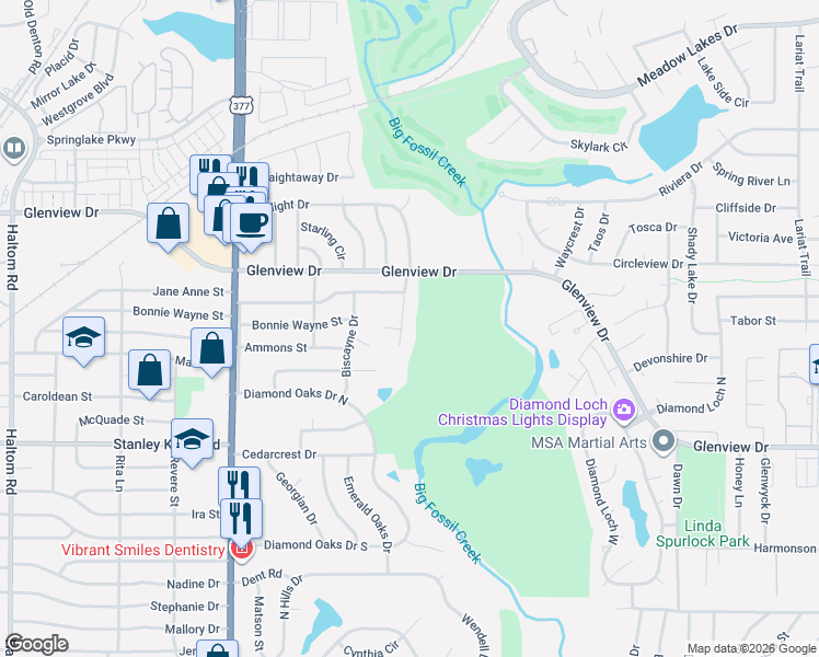 map of restaurants, bars, coffee shops, grocery stores, and more near 4412 Starlight Drive in Haltom City