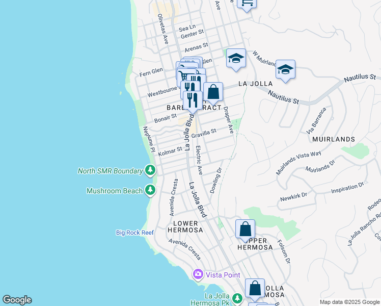 map of restaurants, bars, coffee shops, grocery stores, and more near 6617 La Jolla Boulevard in San Diego