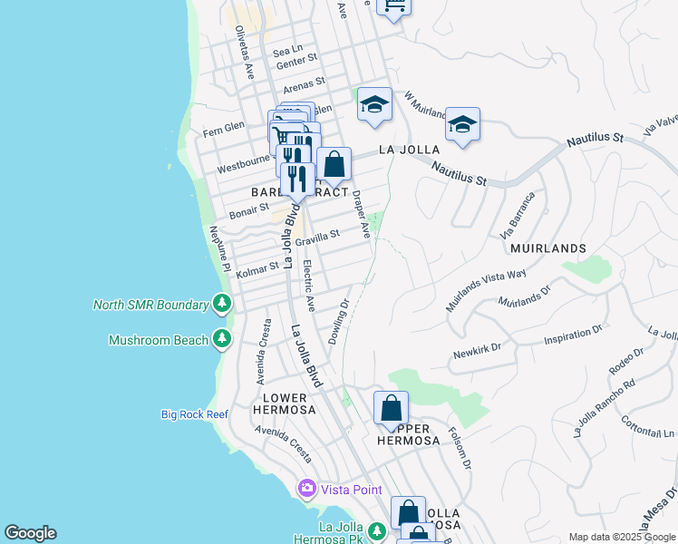 map of restaurants, bars, coffee shops, grocery stores, and more near 529 Rosemont Street in San Diego