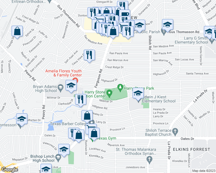 map of restaurants, bars, coffee shops, grocery stores, and more near 2441 Materhorn Drive in Dallas