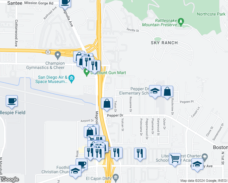 map of restaurants, bars, coffee shops, grocery stores, and more near 1410 Teton Drive in El Cajon