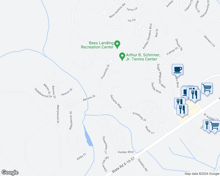 map of restaurants, bars, coffee shops, grocery stores, and more near Pasdalum Court in Charleston