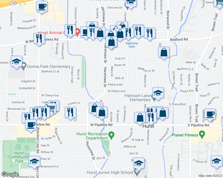 map of restaurants, bars, coffee shops, grocery stores, and more near 400 West Cheryl Avenue in Hurst