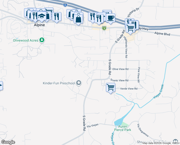 map of restaurants, bars, coffee shops, grocery stores, and more near 2690 South Grade Road in Alpine
