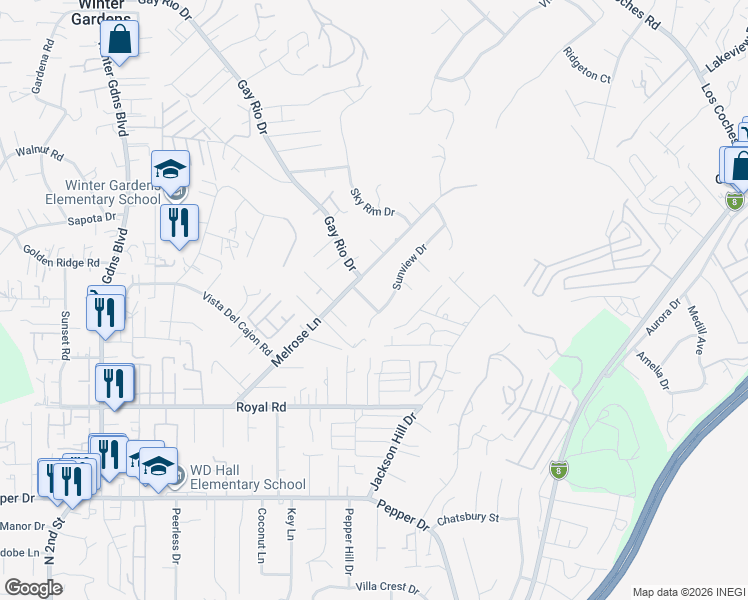 map of restaurants, bars, coffee shops, grocery stores, and more near 12534 Sunglow Drive in El Cajon