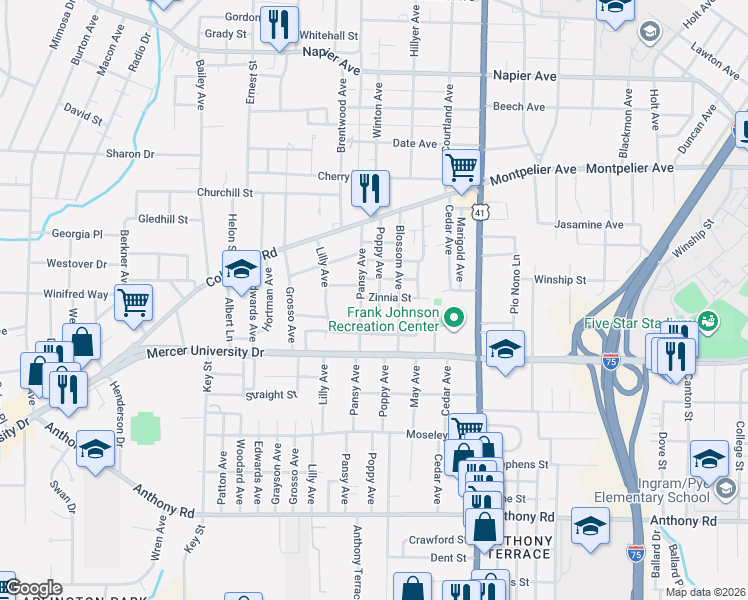 map of restaurants, bars, coffee shops, grocery stores, and more near 413 Crocus Street in Macon