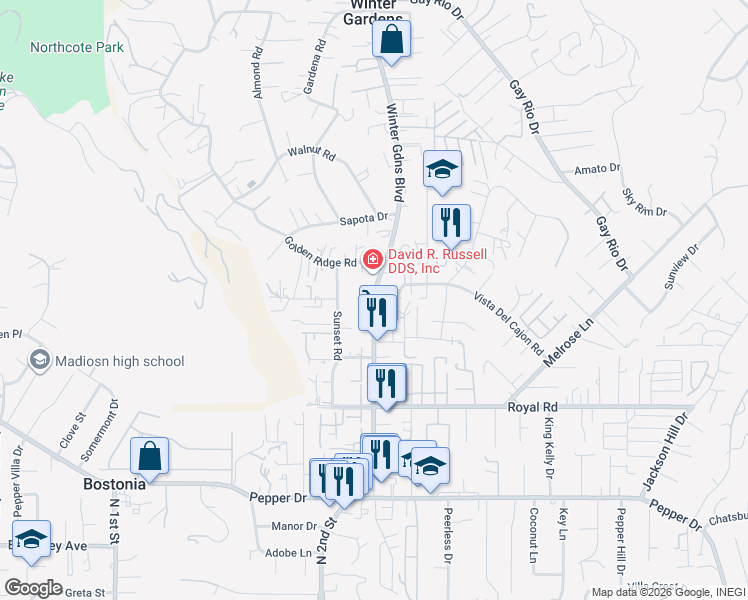 map of restaurants, bars, coffee shops, grocery stores, and more near 9760 Winter Gardens Drive in Lakeside