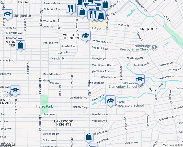 map of restaurants, bars, coffee shops, grocery stores, and more near 3206 Jacotte Circle in Dallas