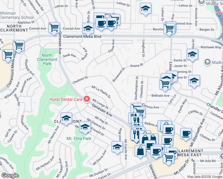 map of restaurants, bars, coffee shops, grocery stores, and more near 4833 Chateau Drive in San Diego