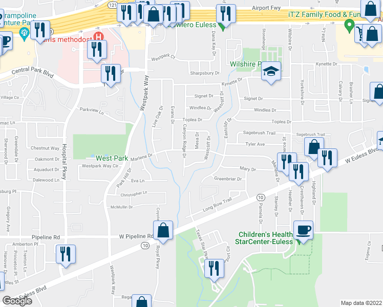 map of restaurants, bars, coffee shops, grocery stores, and more near 1912 Westcliff Drive in Euless