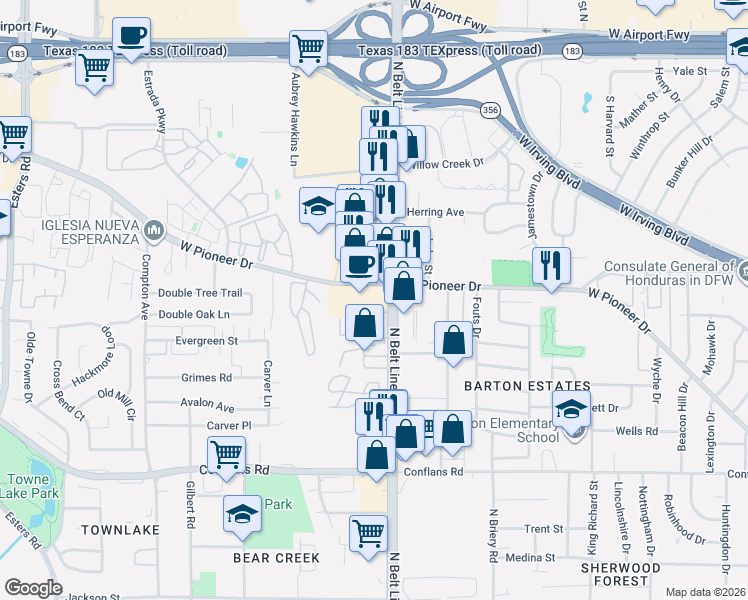 map of restaurants, bars, coffee shops, grocery stores, and more near 1335 North Belt Line Road in Irving