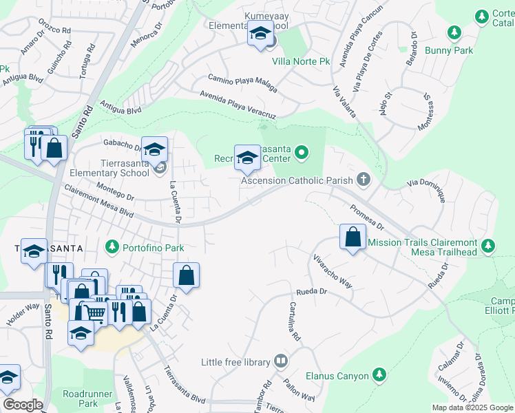 map of restaurants, bars, coffee shops, grocery stores, and more near 10983 Clairemont Mesa Boulevard in San Diego