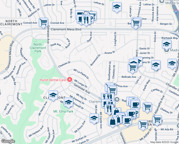 map of restaurants, bars, coffee shops, grocery stores, and more near 4862 Mount La Platta Drive in San Diego