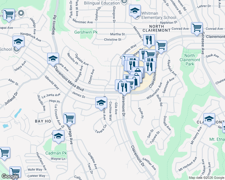 map of restaurants, bars, coffee shops, grocery stores, and more near 3745 Clairemont Mesa Boulevard in San Diego