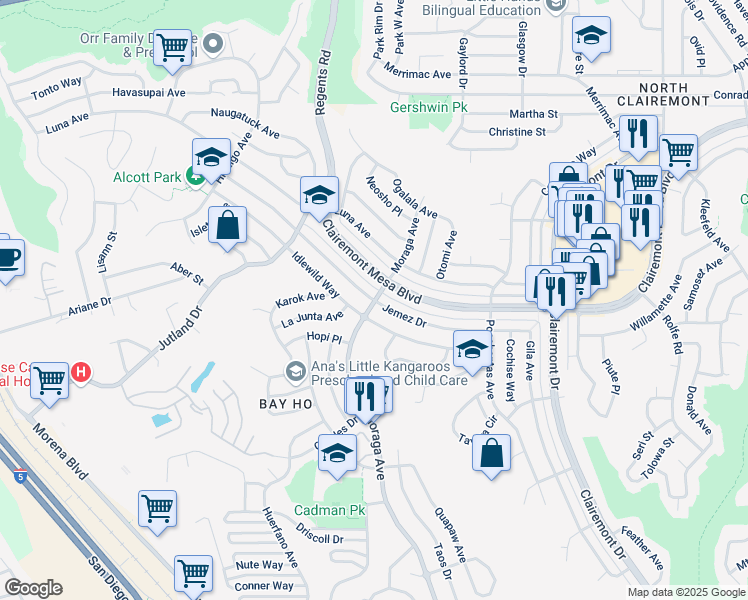 map of restaurants, bars, coffee shops, grocery stores, and more near 3393 Idlewild Way in San Diego