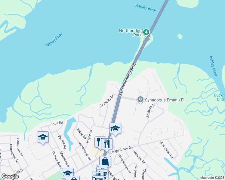 map of restaurants, bars, coffee shops, grocery stores, and more near 1225 Durham Place in Charleston