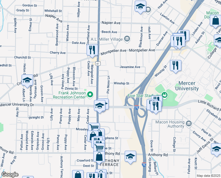map of restaurants, bars, coffee shops, grocery stores, and more near 1693 Madden Avenue in Macon