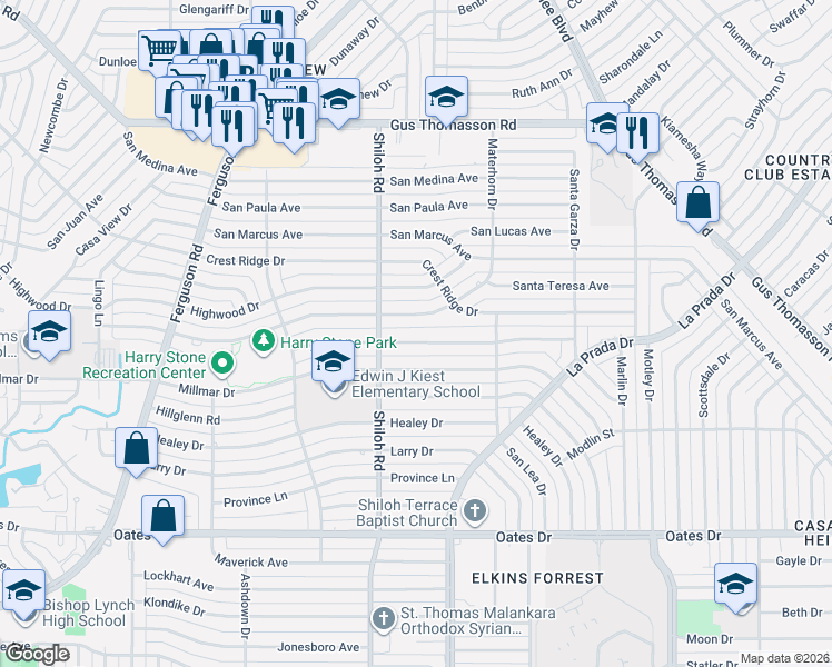 map of restaurants, bars, coffee shops, grocery stores, and more near 2820 Andrea Lane in Dallas