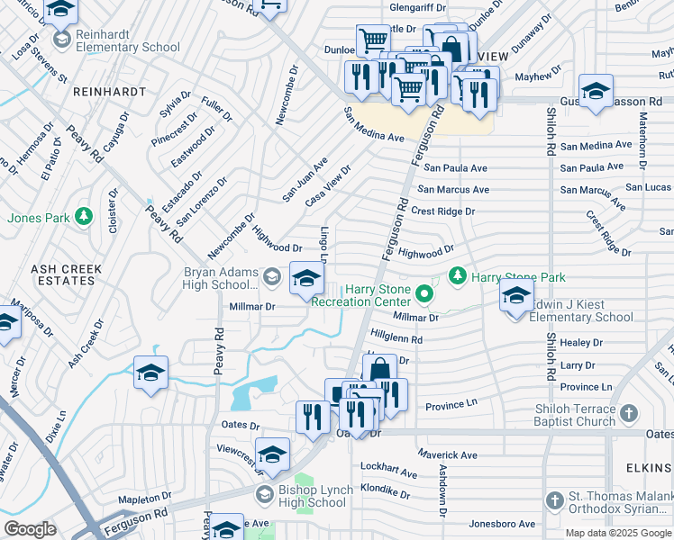 map of restaurants, bars, coffee shops, grocery stores, and more near 9999 Ferguson Road in Dallas