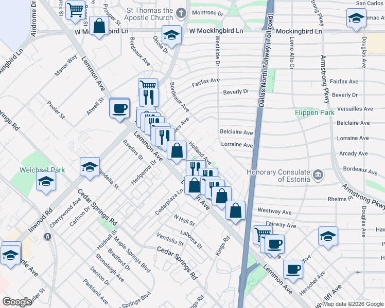map of restaurants, bars, coffee shops, grocery stores, and more near 3526 Dorothy Avenue in Dallas