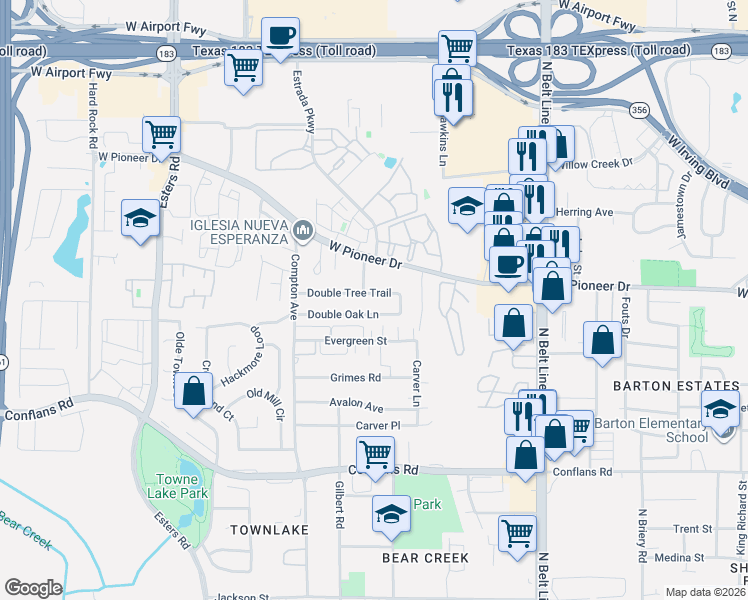 map of restaurants, bars, coffee shops, grocery stores, and more near 3835 Double Oak Lane in Irving