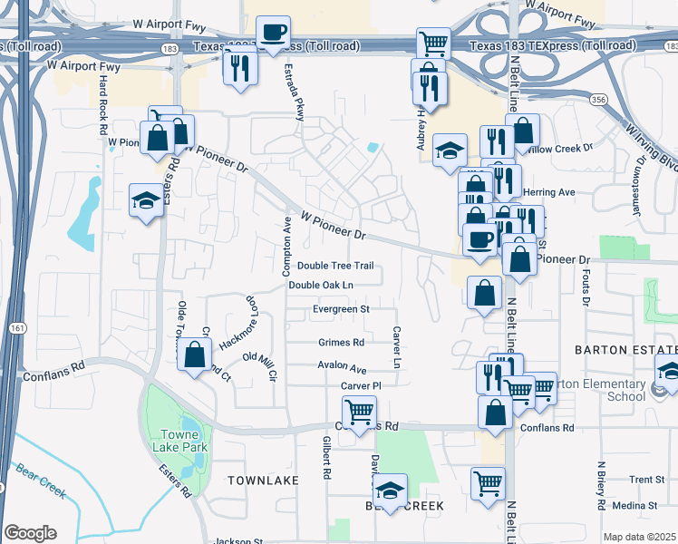 map of restaurants, bars, coffee shops, grocery stores, and more near 3905 Double Oak Lane in Irving