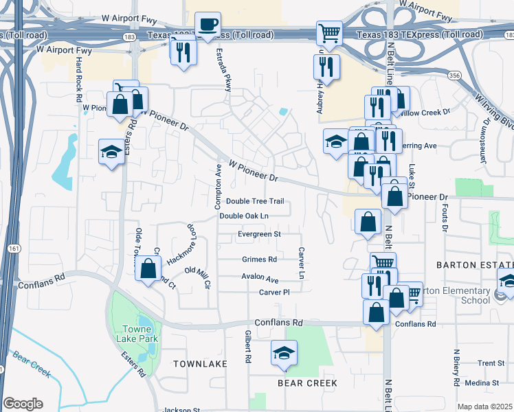 map of restaurants, bars, coffee shops, grocery stores, and more near 3905 Double Oak Lane in Irving