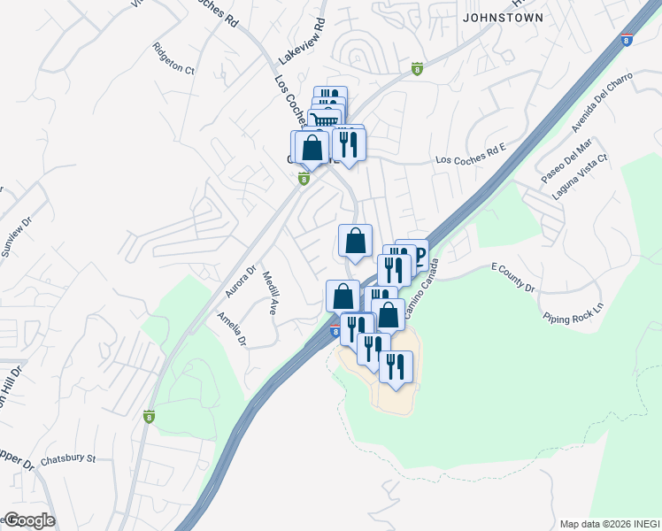 map of restaurants, bars, coffee shops, grocery stores, and more near 8320 Ora Belle Lane in El Cajon