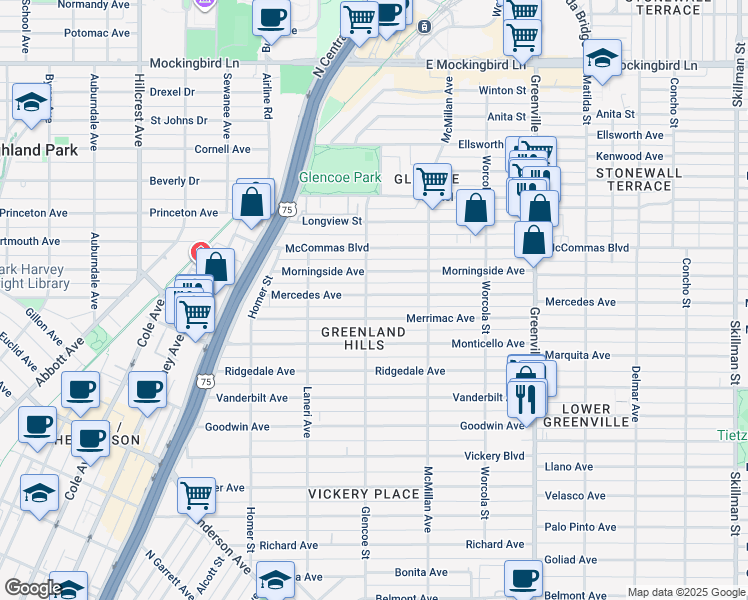 map of restaurants, bars, coffee shops, grocery stores, and more near 5406 Mercedes Avenue in Dallas