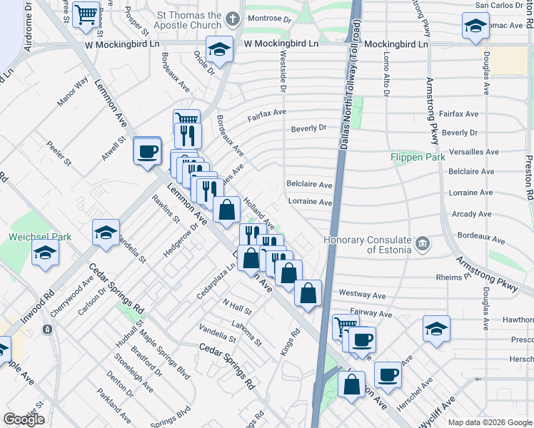 map of restaurants, bars, coffee shops, grocery stores, and more near 5315 Teak Mill Place in Dallas