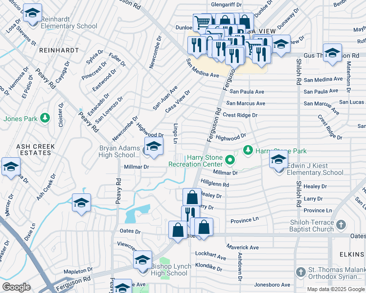 map of restaurants, bars, coffee shops, grocery stores, and more near 9999 Ferguson Road in Dallas