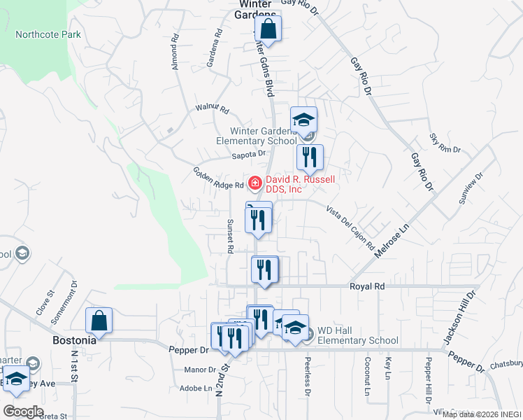 map of restaurants, bars, coffee shops, grocery stores, and more near 12004-6 Winter Gardens Boulevard in Lakeside