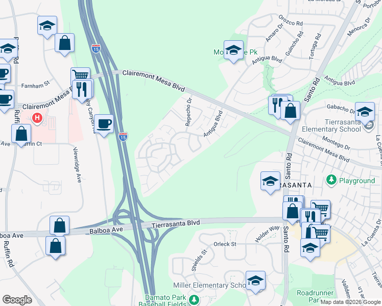 map of restaurants, bars, coffee shops, grocery stores, and more near 5226 Edge Park Way in San Diego
