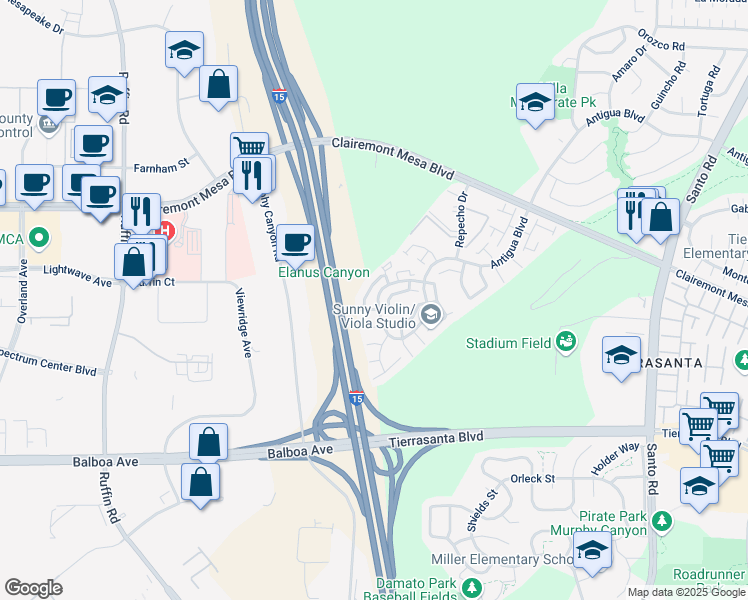 map of restaurants, bars, coffee shops, grocery stores, and more near 5364 Caminito Velasquez in San Diego