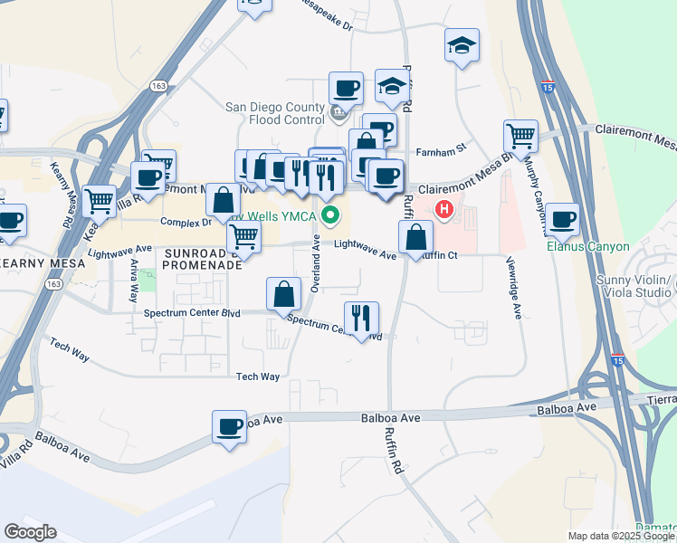 map of restaurants, bars, coffee shops, grocery stores, and more near 9305 Lightwave Avenue in San Diego