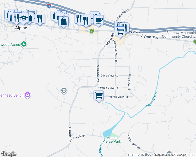 map of restaurants, bars, coffee shops, grocery stores, and more near 2783 South Grade Road in Alpine